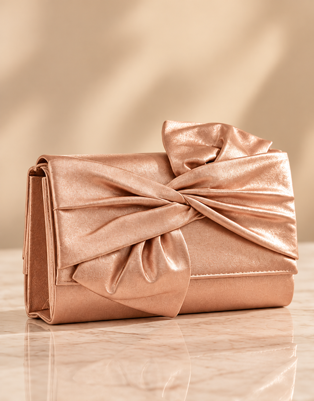 The Celeste Champagne Bow Clutch – pamje këndore me sfond luksoz (AI)