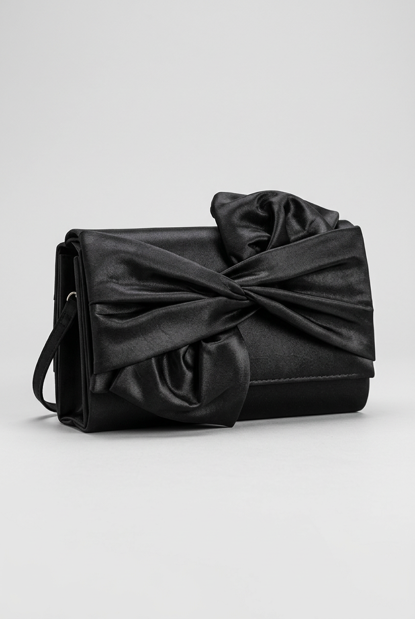 The Noire Bow Evening Clutch – pamje këndore me sfond luksoz (AI)