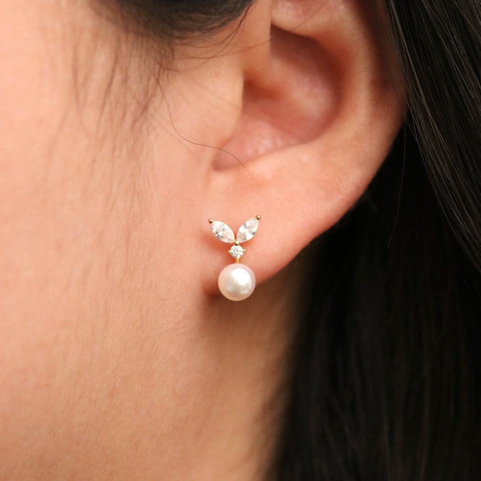 Pearl Drop & Cubic Zirconia Leaf Earrings