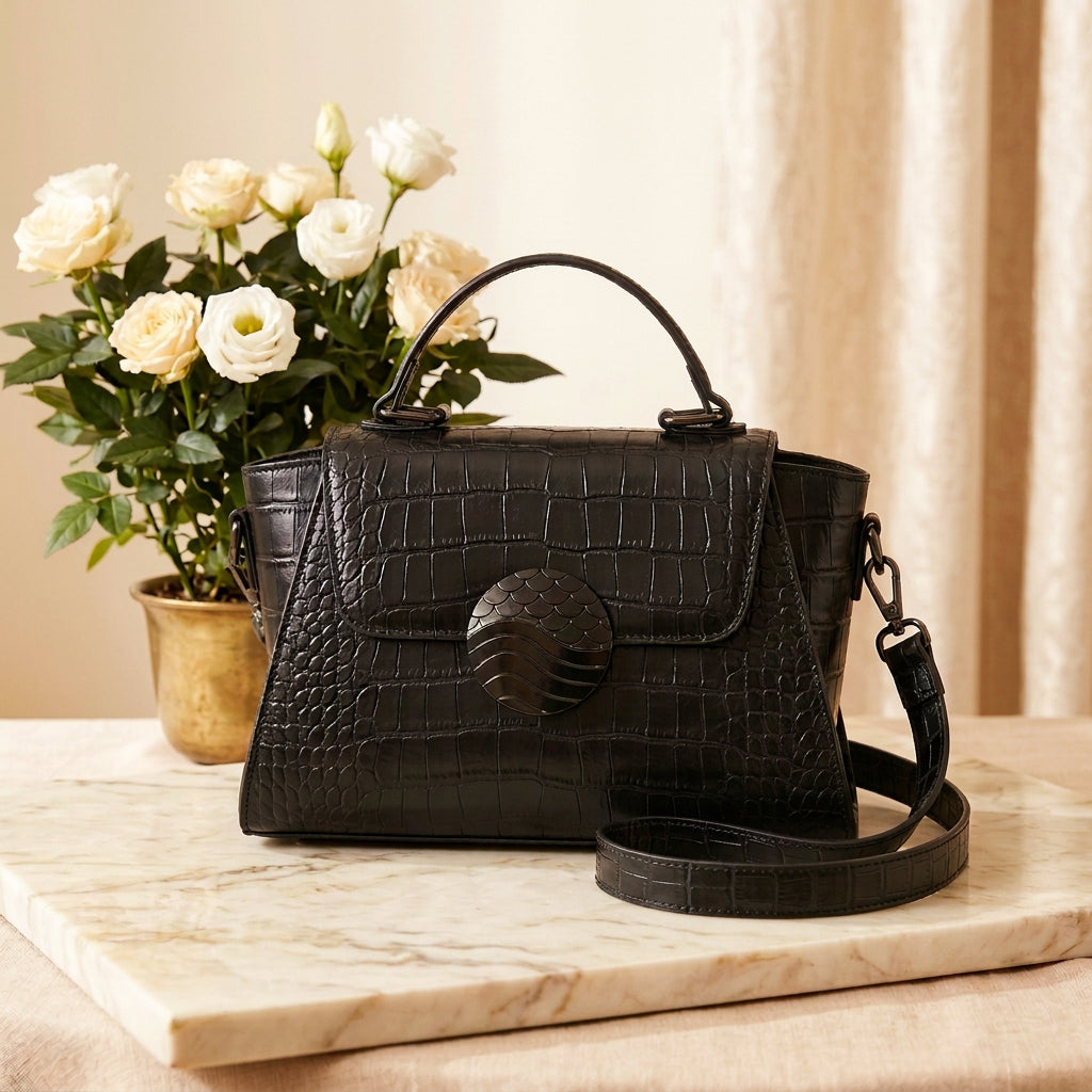 The Onyx Croc-Effect Leather Shoulder Bag