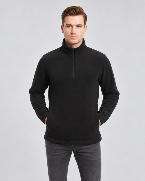 Model wearing Alden quarter-zip fleece pullover in black