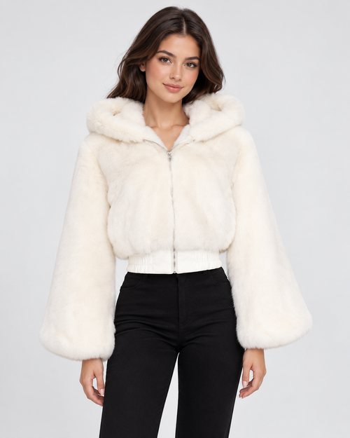 Model wearing Amelie plush hooded jacket in white