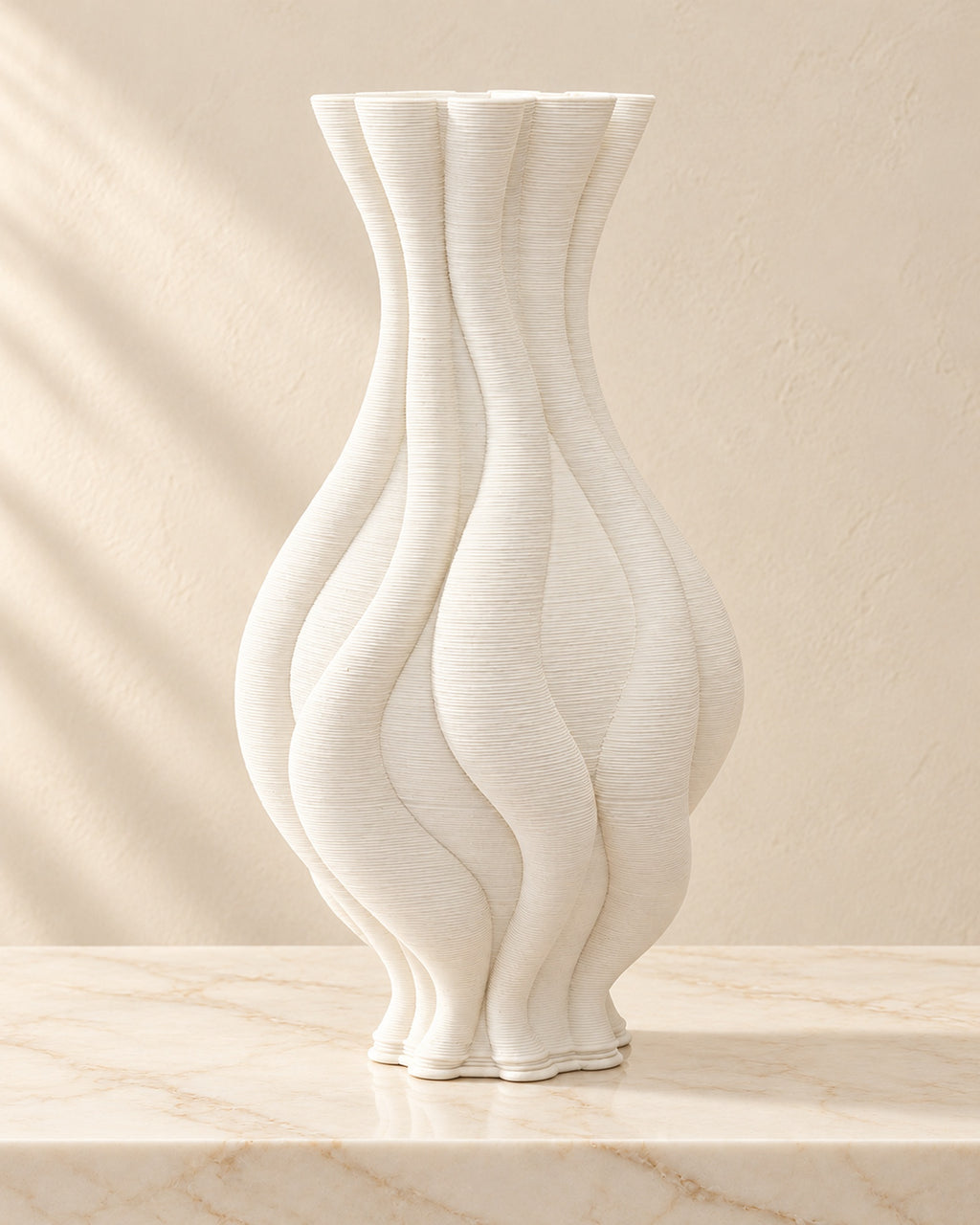 Emilie white twisted vase on cream marble, full product view