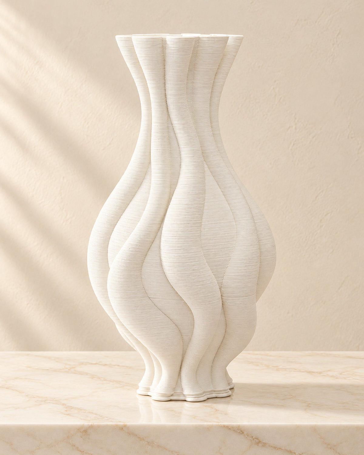 Emilie white twisted vase on cream marble, full product view