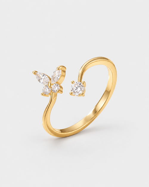 Butterfly Cubic Zirconia Adjustable Ring on a plain light grey studio background