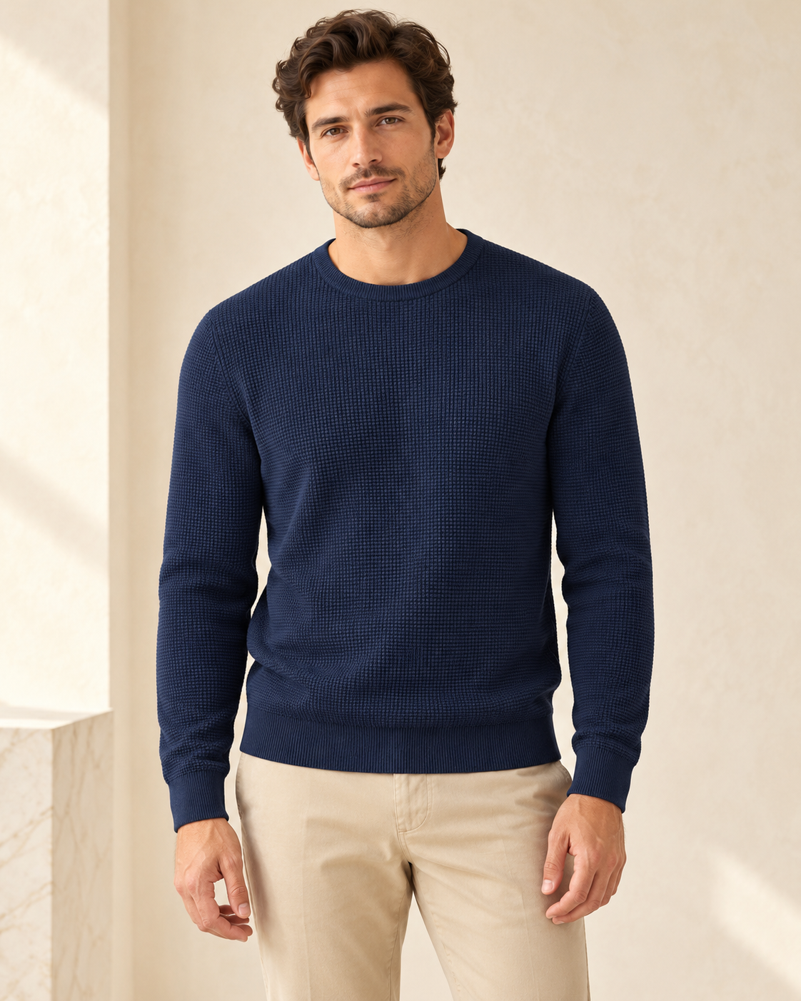 Navy cotton basketweave jumper — AI-generated styling on a model
