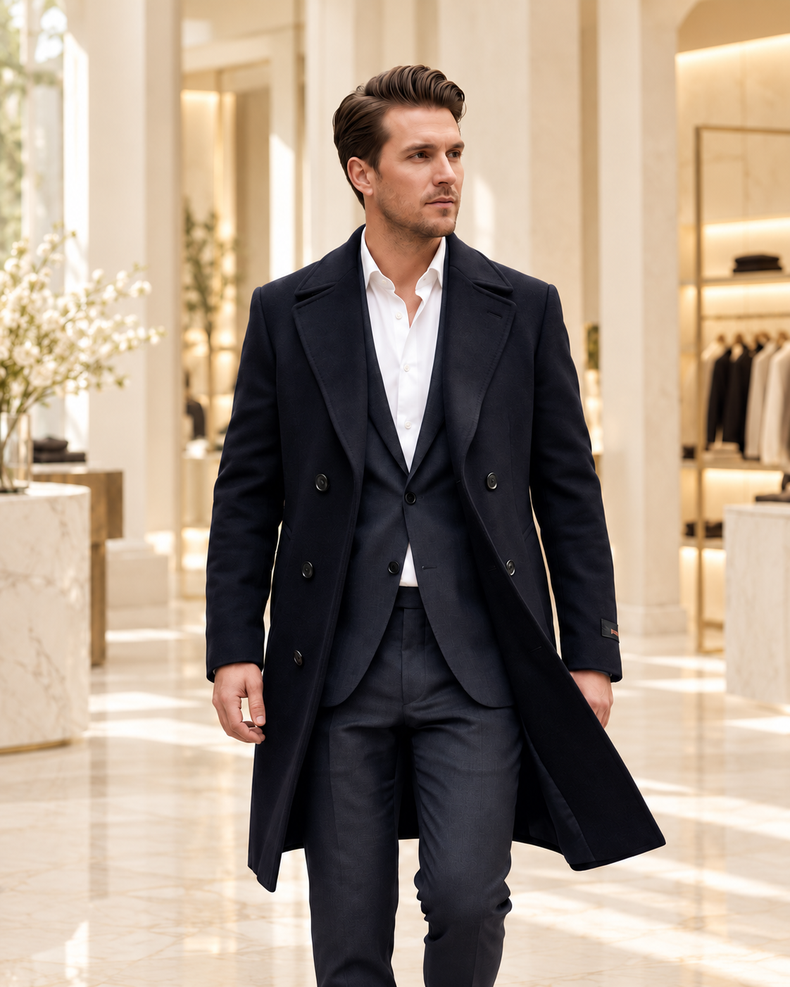 Deep navy double-breasted overcoat worn over tailoring in cream boutique interior
