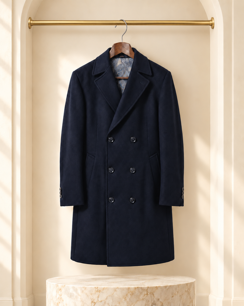 Navy double-breasted wool-blend overcoat on a wooden hanger suspended from a gold rail in a cream marble boutique setting