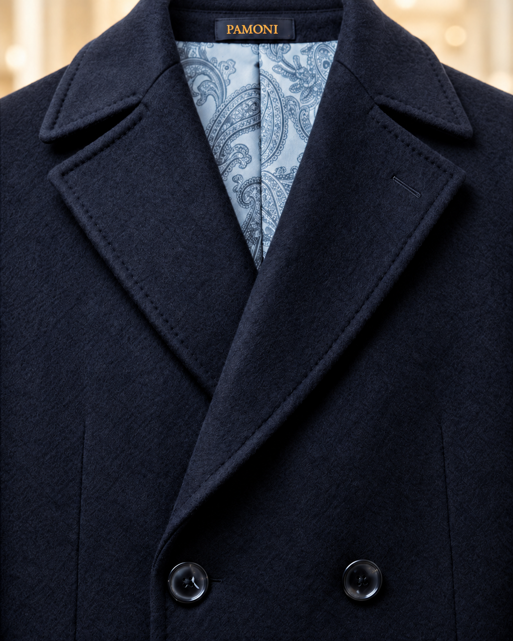 Close-up of navy overcoat notch lapels, buttons, paisley lining and original Pamoni label