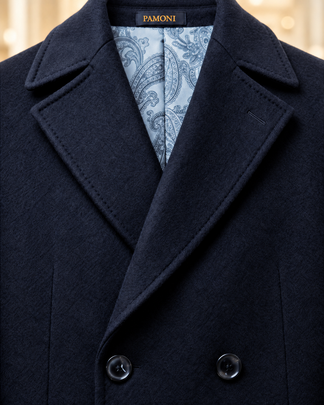 Close-up of navy overcoat notch lapels, buttons, paisley lining and original Pamoni label