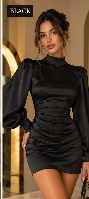 CIMOSA satin sleeve dress black front
