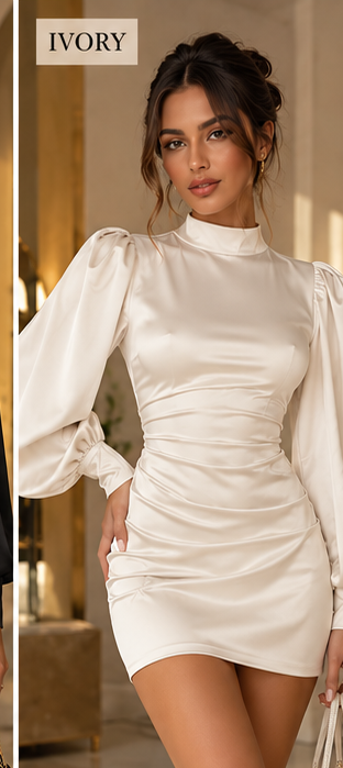 CIMOSA satin sleeve dress ivory front