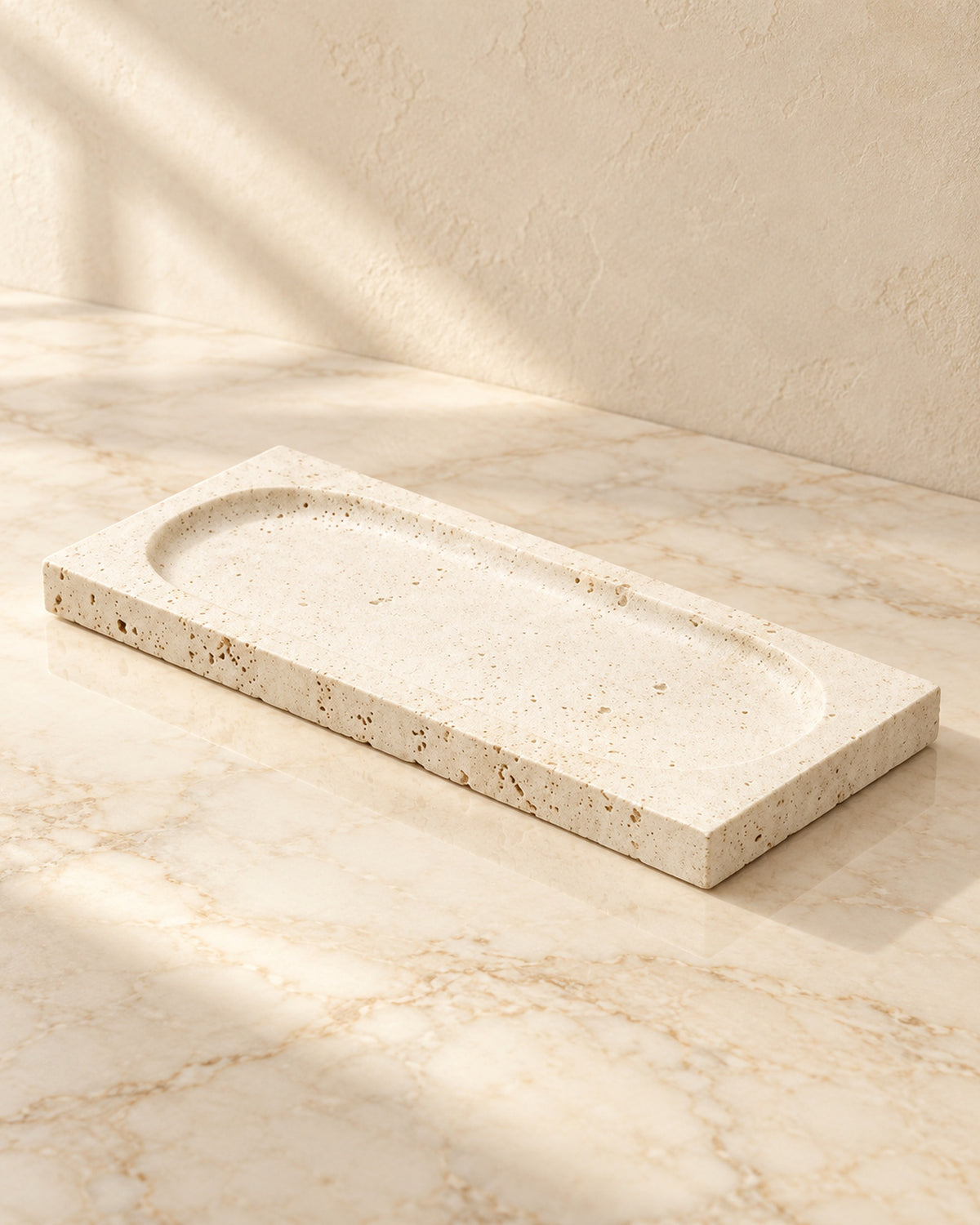 Tibor travertine decorative tray on cream marble, full product view
